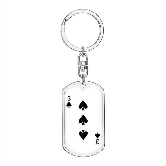 3 of Spades Gambler Stainless Steel or 18k Gold Premium Swivel Dog Tag Keychain