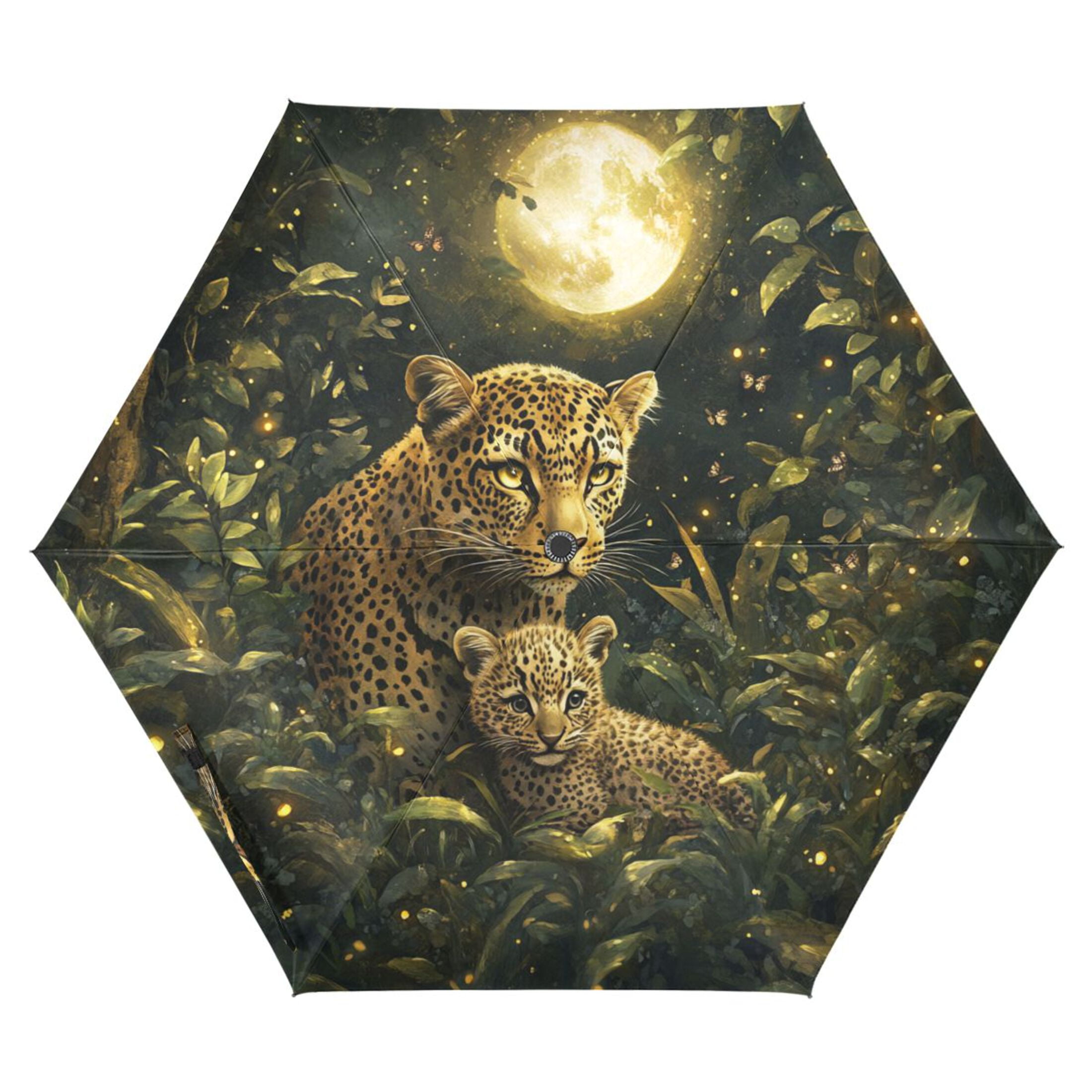 Leopards in Moonlight Jungle All Weather Umbrella Triple Folding Parasol 6 Ribs UV Protection Portable