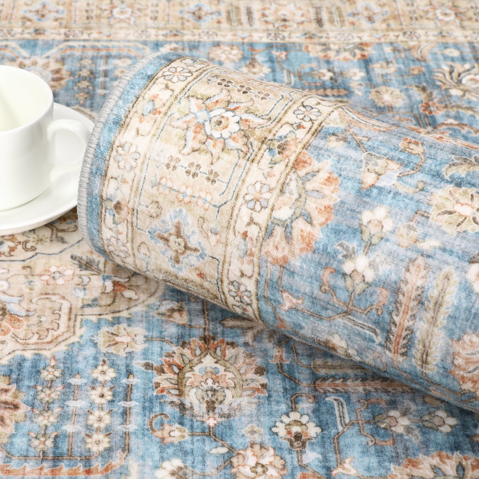 Hasoo 8' x 10' Area Rug Vintage Area Rug for Living Room Bedroom Medallion Distressed Rug Washable Carpet Blue