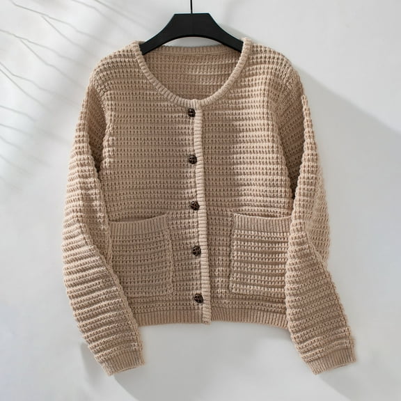 Women's Knit Open Front Sweater Long Sleeve Button Loose Short Cardigan Outerwear Coats