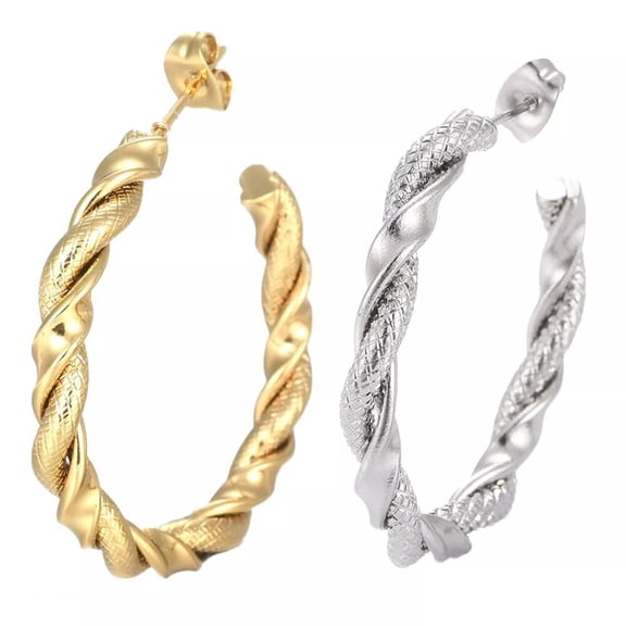 Stainless Steel Half Textured Hoop Stud Earrings Hypoallergenic Twisted Ring Gold Z279