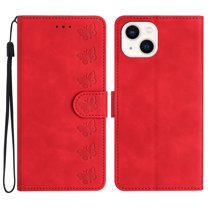 Feishell Wallet Case for iPhone 14, 7 Butterflies Pattern PU Leather Strap Flip Cover with Card Slots Holder Kickstand Magnetic Clasp, TPU Shockproof Case for iPhone 14, Red