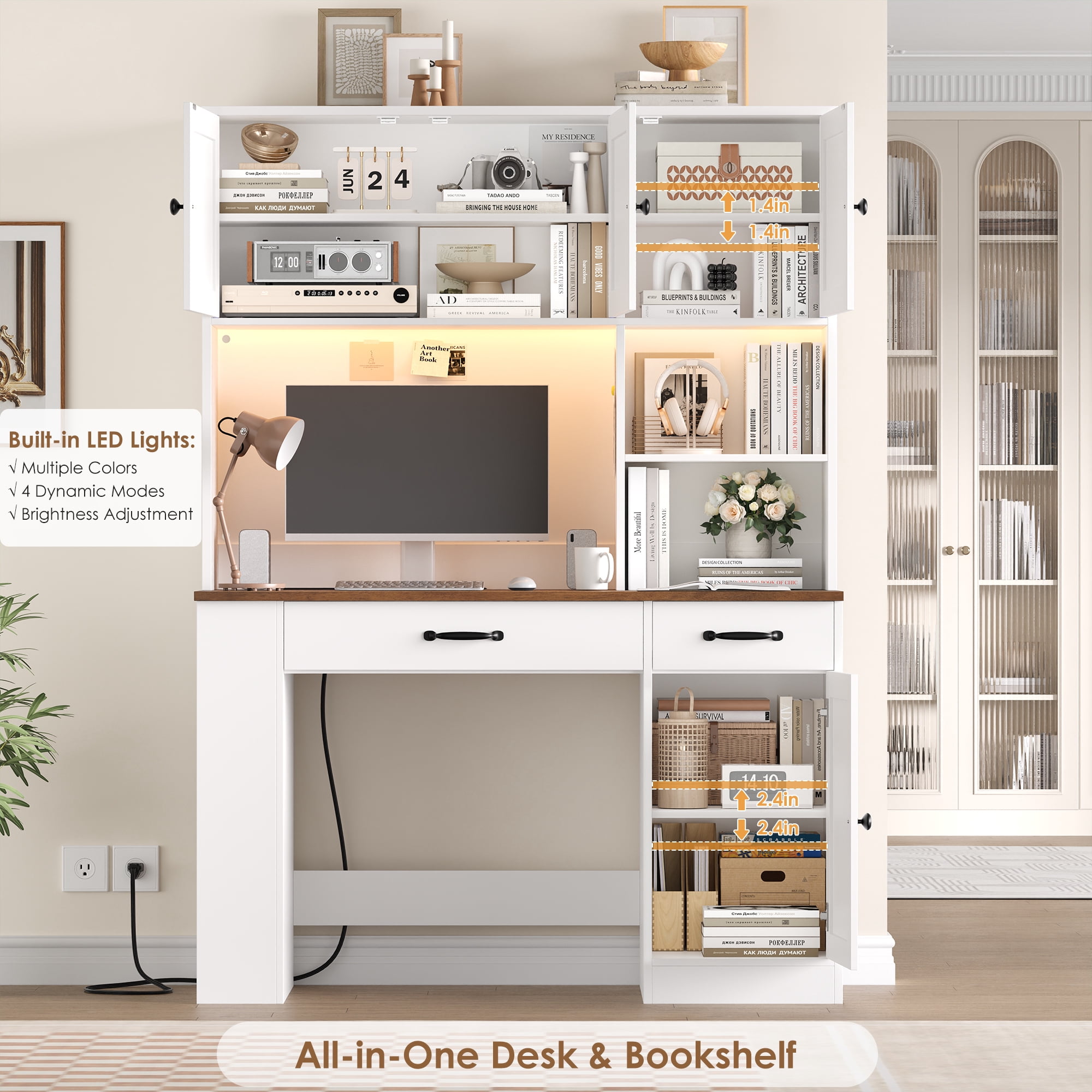 Hiphuta LED Desk with Hutch, Computer Desk with Bookshelves and Charging Station, Study Desk with Storage, White