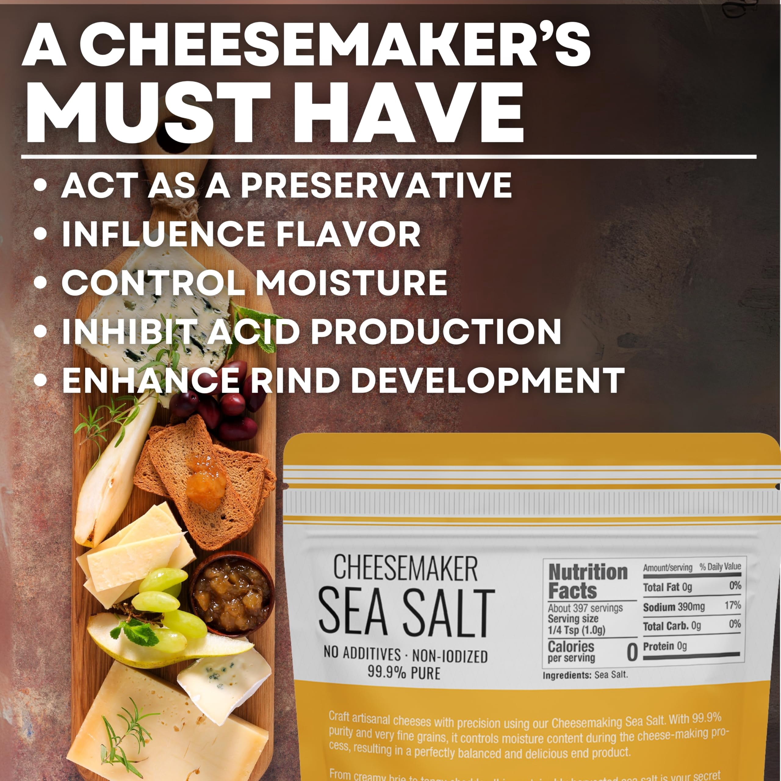 Fine Sea Salt for Homemade Cheese Making, Gluten-Free and Non-Iodized, Kosher Cheese Kit Essential Flaky Salt, 5 lb Bag
