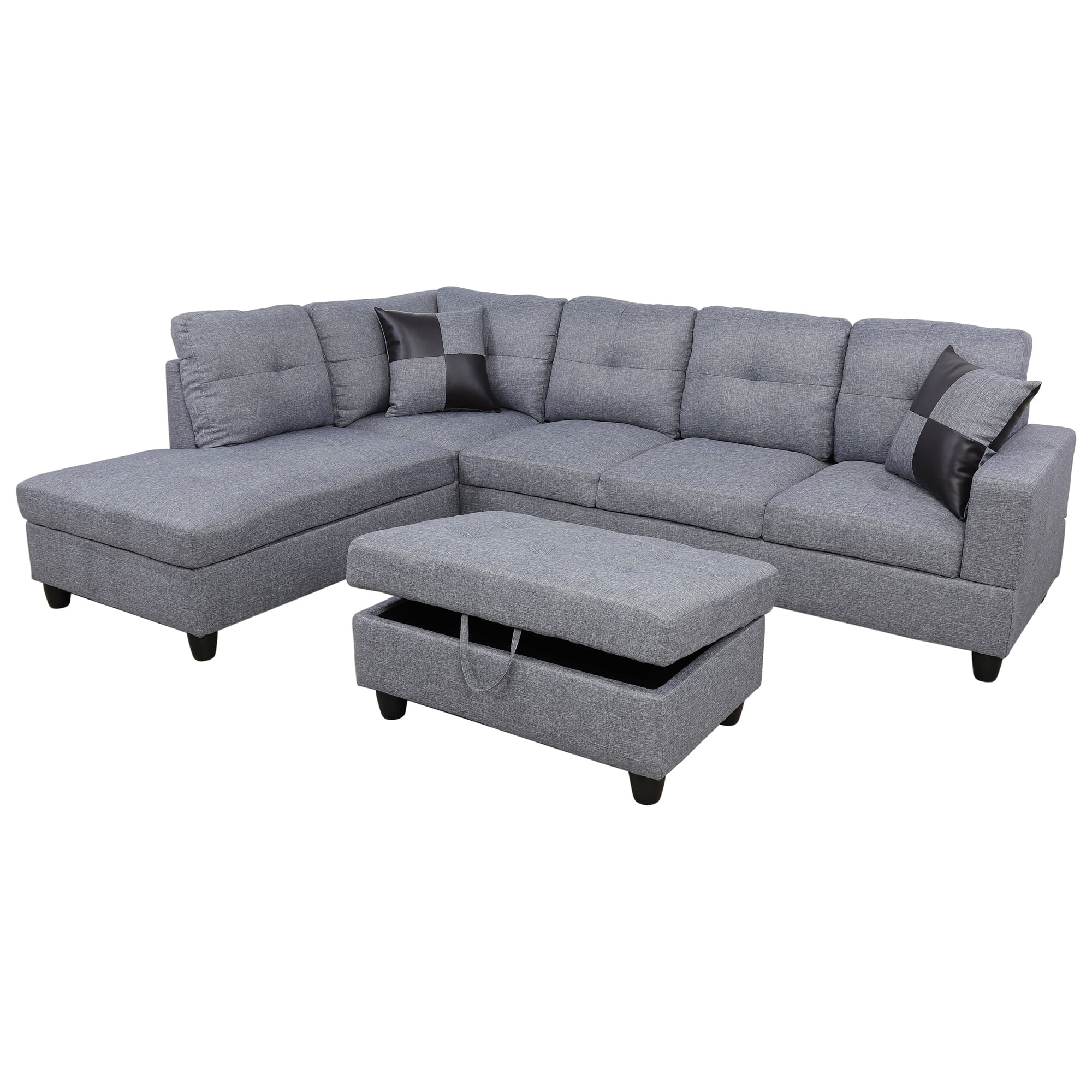 Aukfa 103" Sectional Sofa with Storage Ottoman, L Shape Couch for Living Room, Left Facing Chaise, Linen, Gray