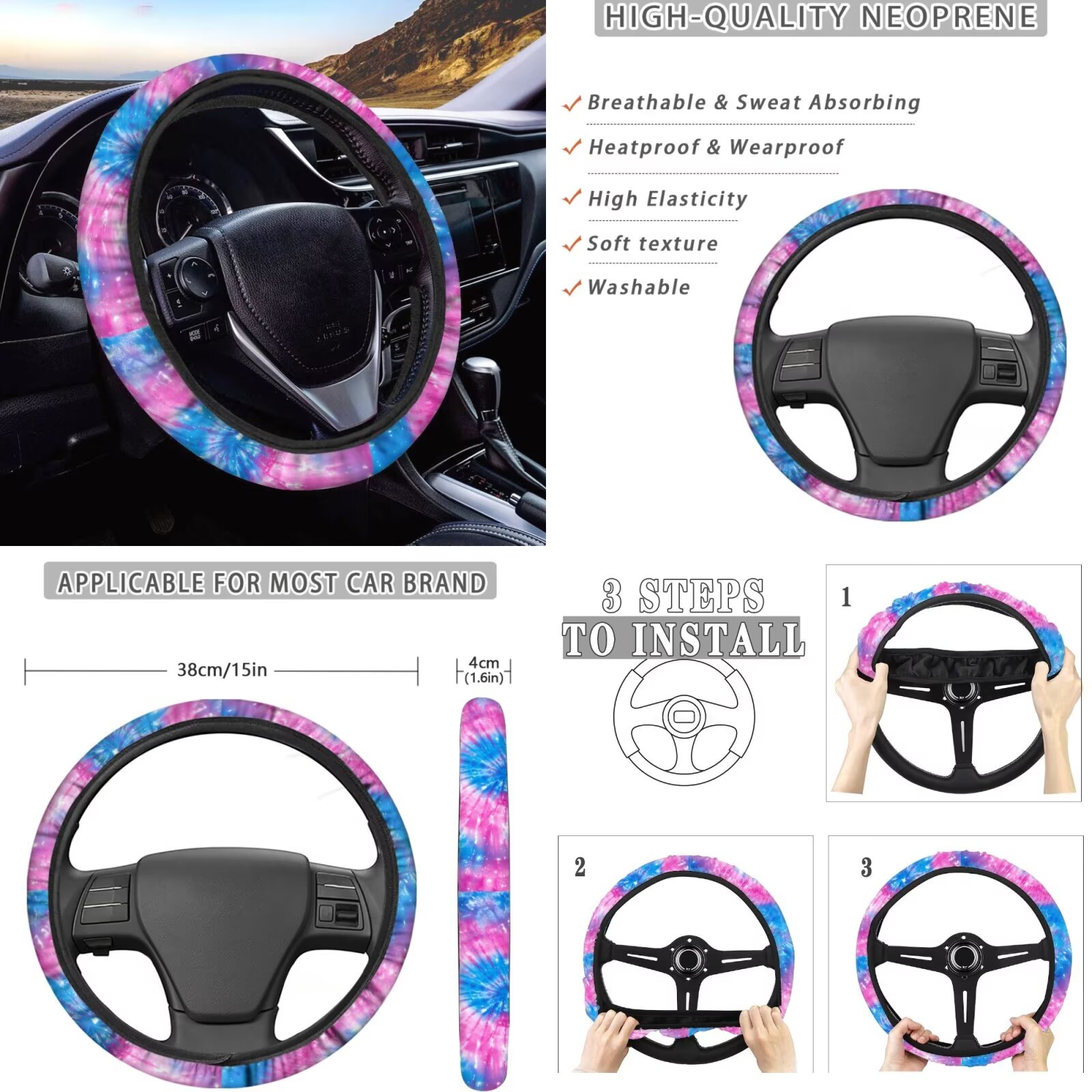 Garronmavis Blue & Pink Dye-Tie Car Seat Covers Full Set Universal Fit Most Vehicle Decor Interior with Steering Wheel Wrap Gear Shift Cover Handbrake Sleeve Headrest Protectors Cup Coaster