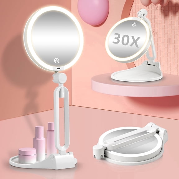 Suupvaor White Foldable Double-Sided Makeup Mirror with LED Lights 1X & 30X Magnification