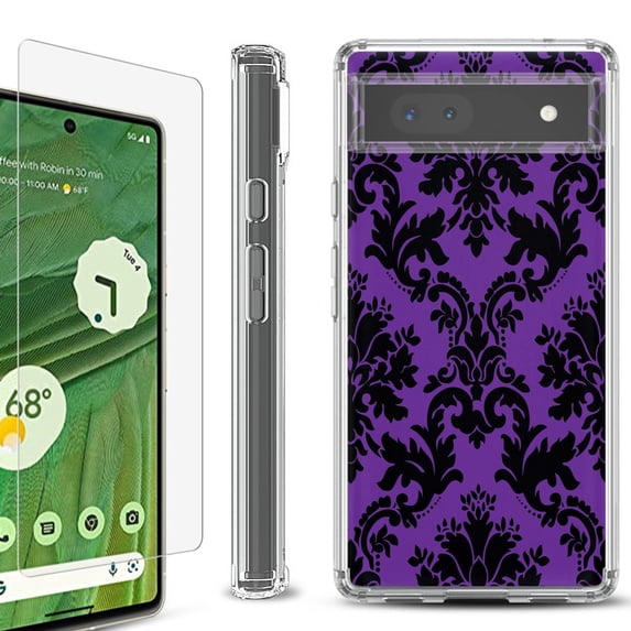 Shockproof Bumper Phone Case for Google Pixel 6a, with Tempered Glass Screen Protector, by OneToughShield ® - Victorian Purple/Black