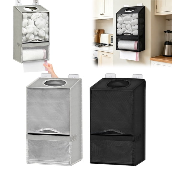 Bag Holder for Grocery Bags - Large Wall Mount Grocery Bag Holder with Dispenser for Kitchen, Oxford Cloth 2-in-1 Space-saving Bags Organizer, Black