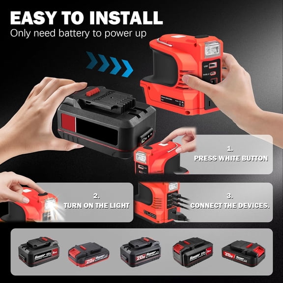 220W Power Inverter for  20V Battery, Portable  to AC Converter with USB Type-C LED Light for Camping Home Emergency