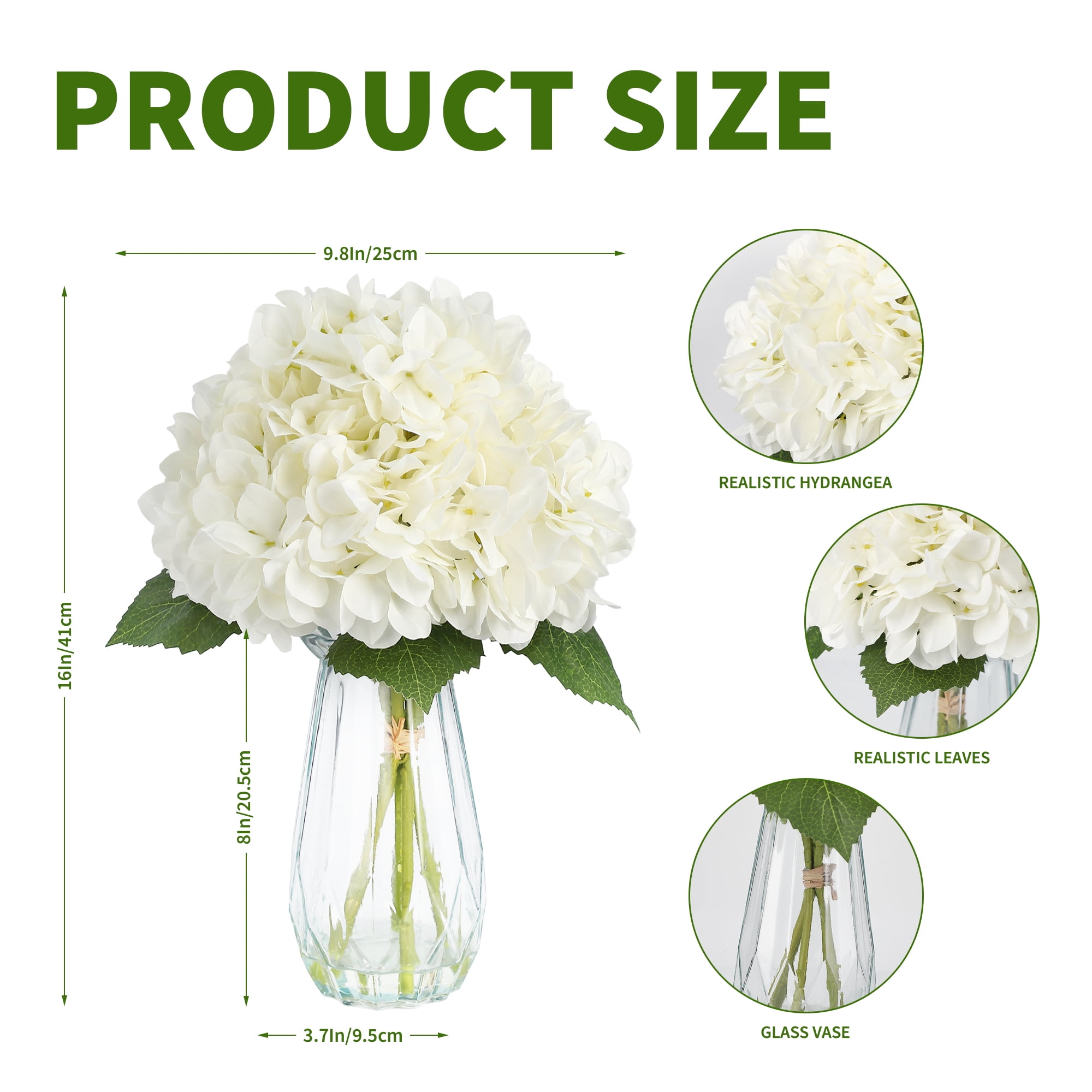 5 Pcs 16" Realistic Artificial Hydrangea with Glass Vase, Large Real Touch Flowers Artificial Flowers Dry Flowers Outdoor Wedding Christmas Office Family Party Living Room Table Decoration (White)