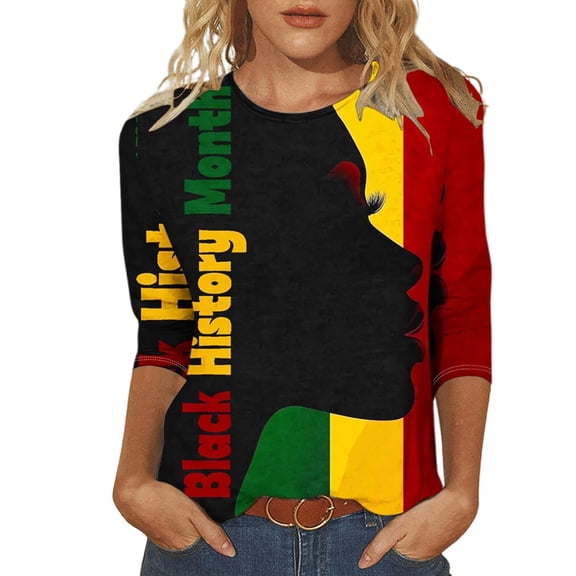 Bibifish Womens T-Shirts Casual Black History Month Print Crew Neck Loose 3/4 Sleeve Tee Tops Comfortable Trendy Daily Wear Tee Tops
