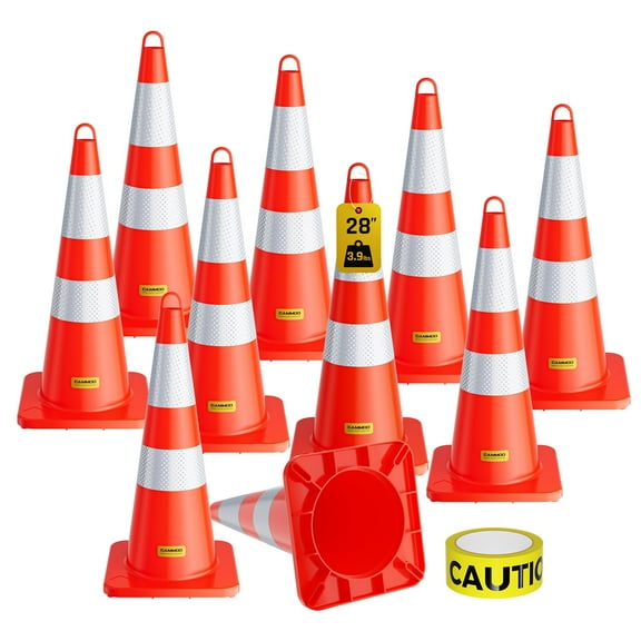 CAMMOO 10 Pack 28" PVC Safety Traffic Cones, Road Parking Cone with Reflective Collar&Extra Caution Tape for Construction & Traffic Control