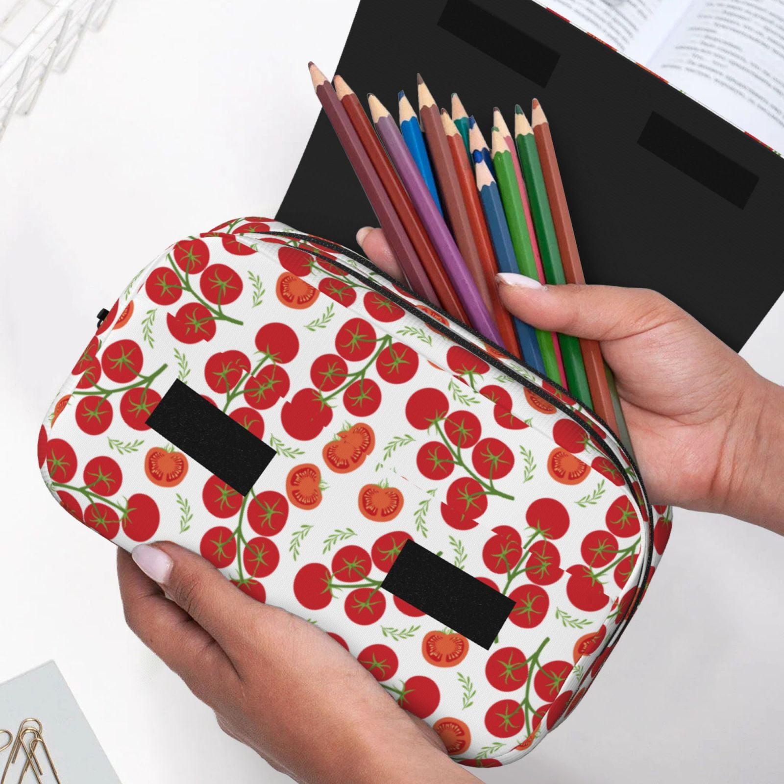 Rateoe Tomato Pattern Double Clamshell Pen Case, Storage Organizer with Two Zipper Compartments– Holds Up to 50 Pencils & Pens