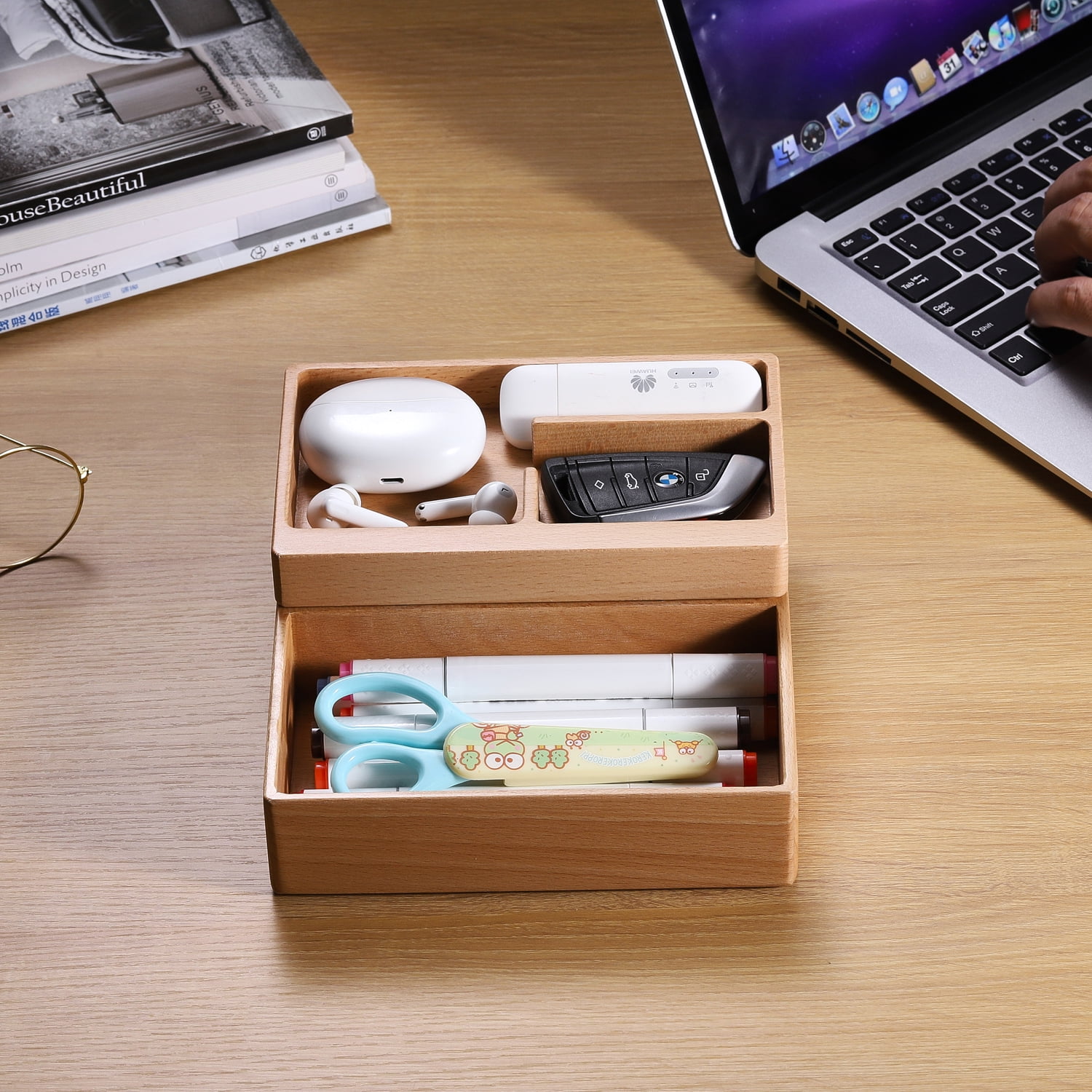 Valet Tray Box, Beech Wooden Storage Box with Magnetic Rotating, Office Desk Daily Supplies Organizer