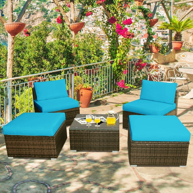 Patiojoy 5-Piece Outdoor Rattan Wicker Sofa Set Lounge Chair with Turquoise Cushions