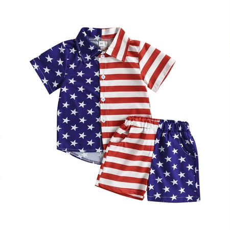 

2 Pcs Baby Boys Girls Independence Day 1Y 2Y 3Y 4Y 5Y Stripe Stars Print Short Sleeve Shirts Tops and Shorts Sets Clothes Suits