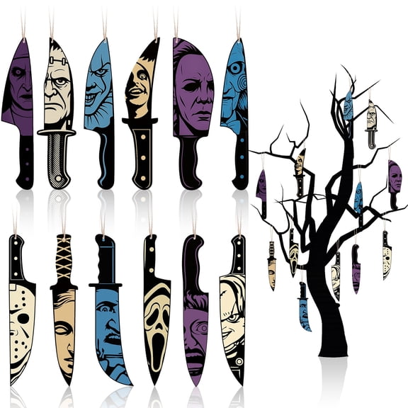 Halloween Tree Ornament Hanging Decoration 24 PCs, Wooden Hanging Nightmare Knife Ornaments Home Indoor Decor Party Supplies