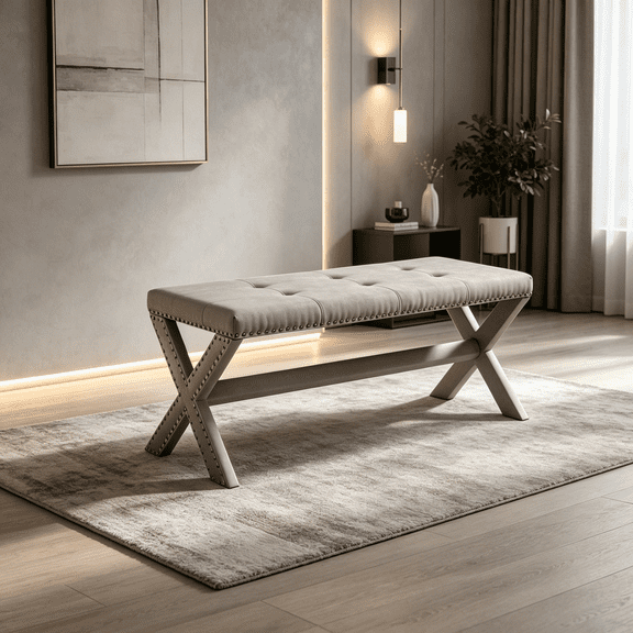 Glam Tufted Accent Bench with Nailhead Trim, Upholstered Linen Blend Storage Bench for Bedroom Foot or Living Room, Modern Gray