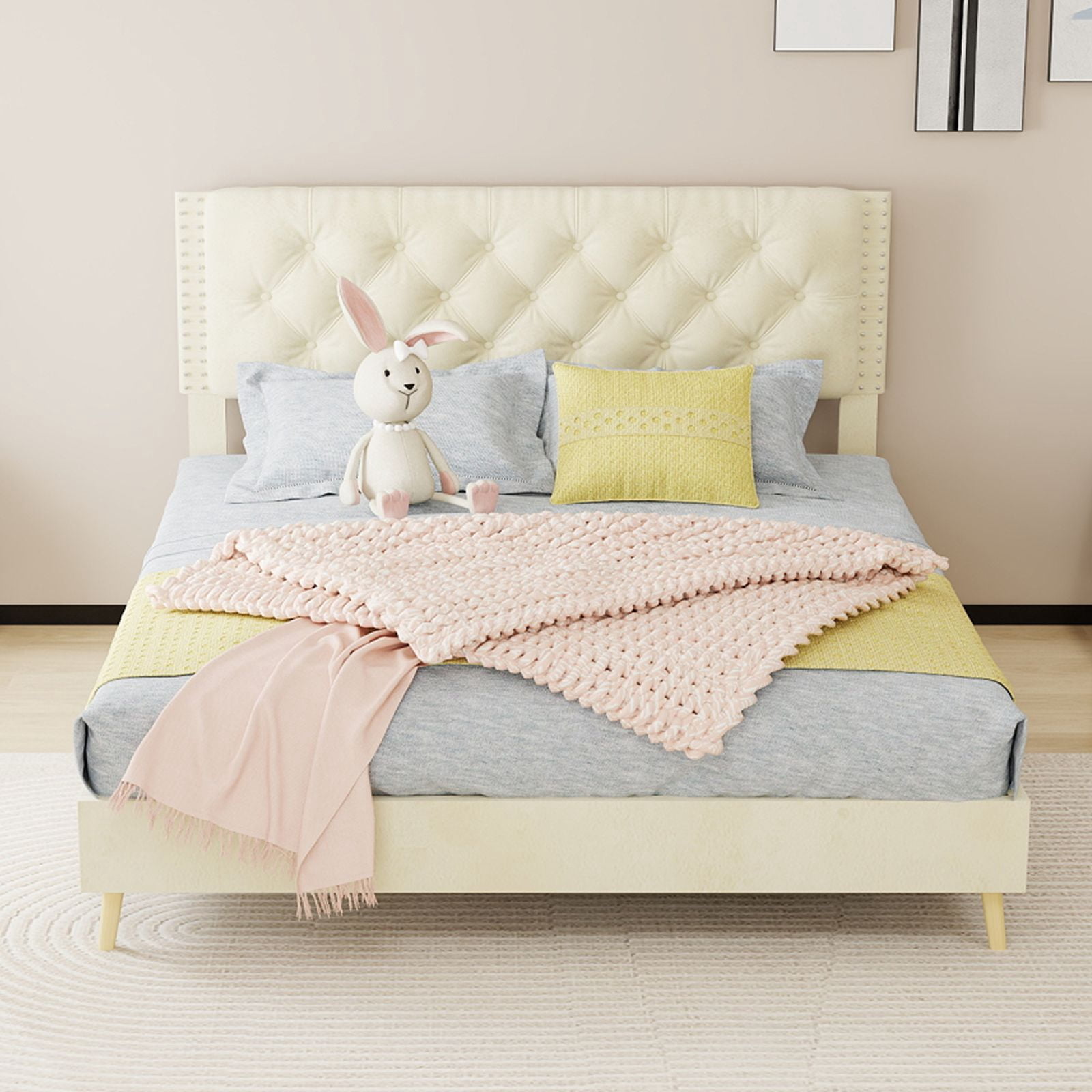 Alvantor Queen Size Upholstered Bed Frame with Padded Headboard, Holland Velvet Tufted Beige