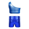 thumbnail image 4 of TSSOE Kids Girls 2-Piece Dance Outfits Hip Hop Jazz Cheer Dance Suits Shiny One Shoulder Crop Top and Booty Short Set Royal Blue 4, 4 of 5