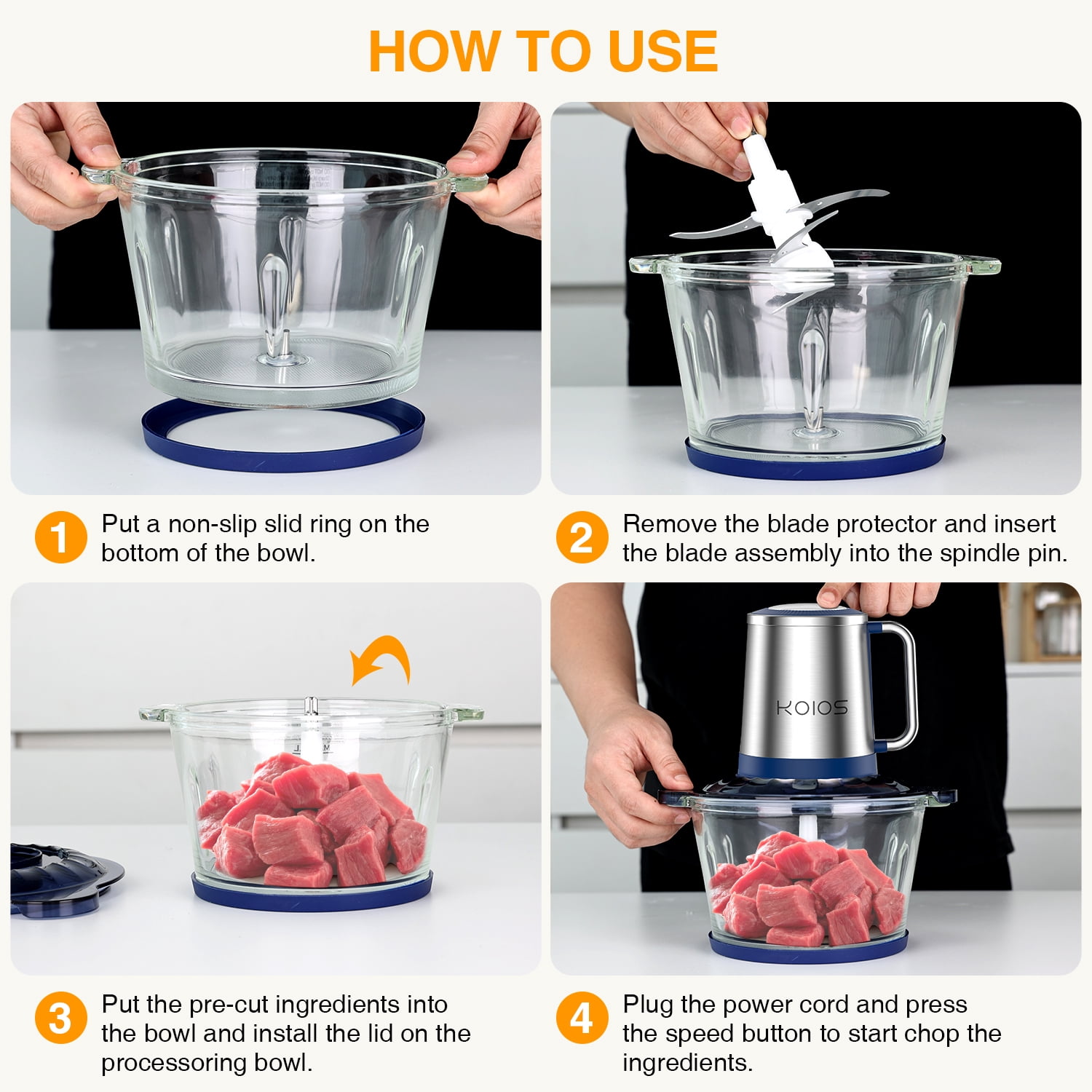 Electric Food Chopper, 8 Cup/2L Meat Grinder Food Processor Stainless Steel Meat for Vegetable Meat Fruit,with 1 Bowl