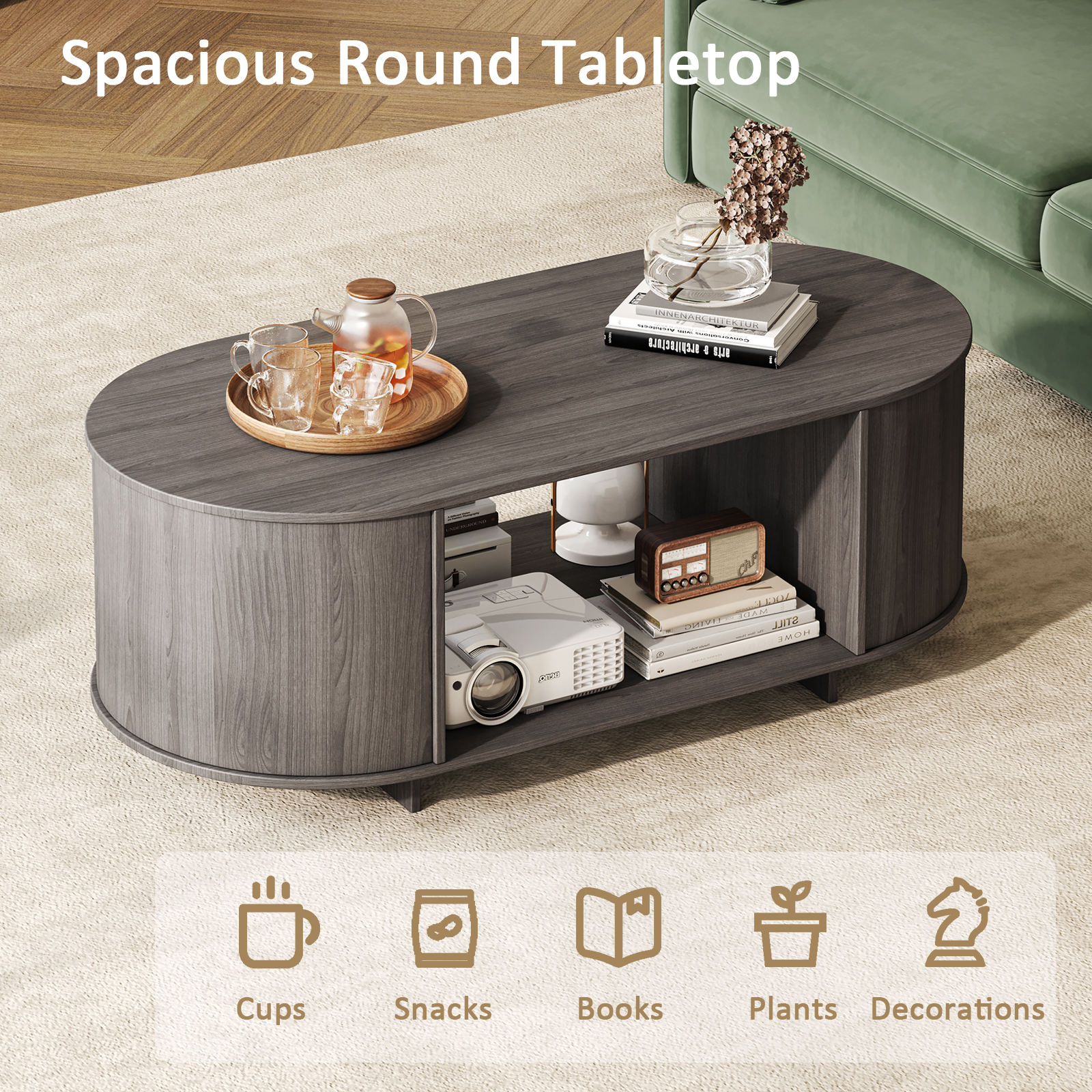 41.3" Oval Coffee Table with Lower Storage Shelf, Modern Accent Table for Living Room & Bedroom