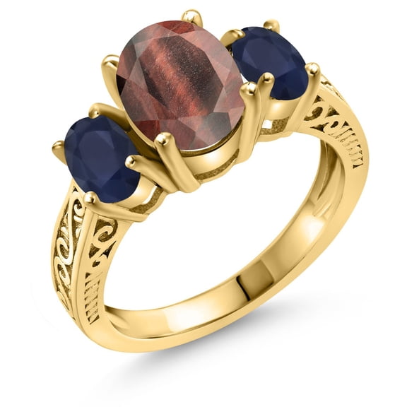 Gem Stone King 2.61 Ct Oval Red Tiger Eye Blue Sapphire 18K Yellow Gold Plated Silver Ring (Size 6)
