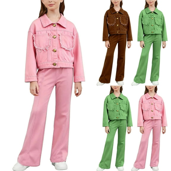 Swuxness Girls' Long Sleeve 2 Piece Set, Kids Straight Long Pants Set, Girls Solid Collared Denim Cardigan Jacket with Wide Leg Jeans Casual OutFitted Set Brown, 5-6 Years
