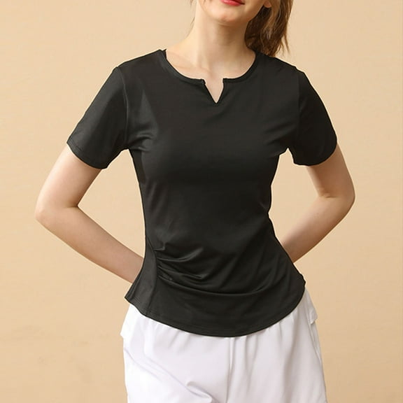 QUNYINEY Short Sleeve Women's T-Shirts Casual Solid Pullover V Neck Tops Workout Loose Breathable Summer Tops for Women