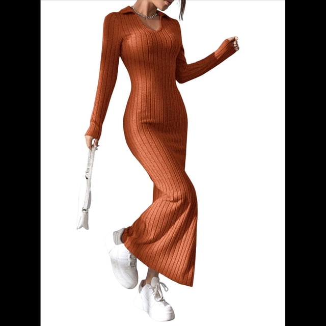 Vestido Maxi de Punto Acanalado con Cuello en V y Larga para Mujer, con Abertura en el Muslo y Ajustado. Marrón Rojizo M