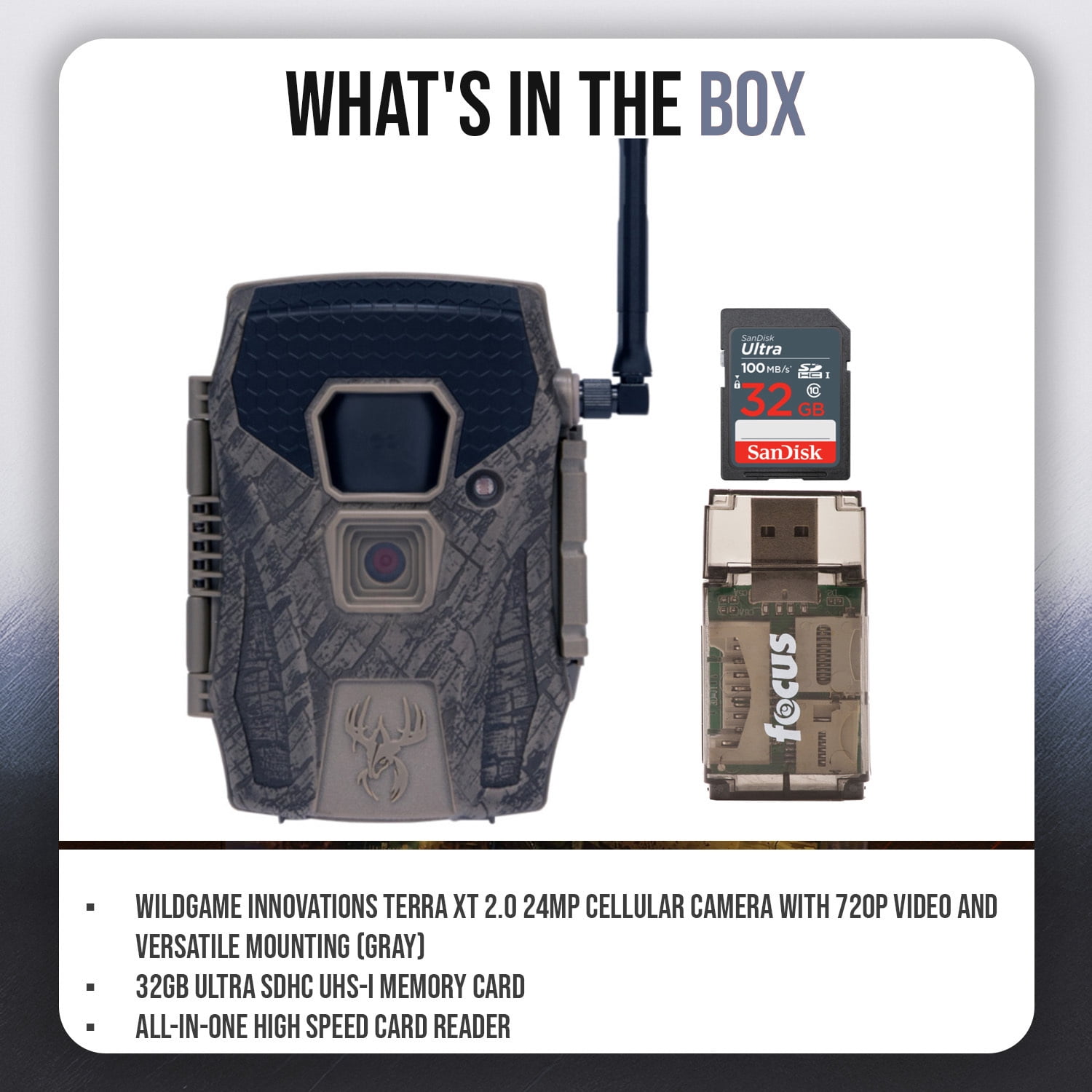 Wildgame Innovations Terra XT 2.0 24MP Cellular Camera with 720p Video (Gray) Bundle with 32GB Memory Card and Card Reader (3 Items)