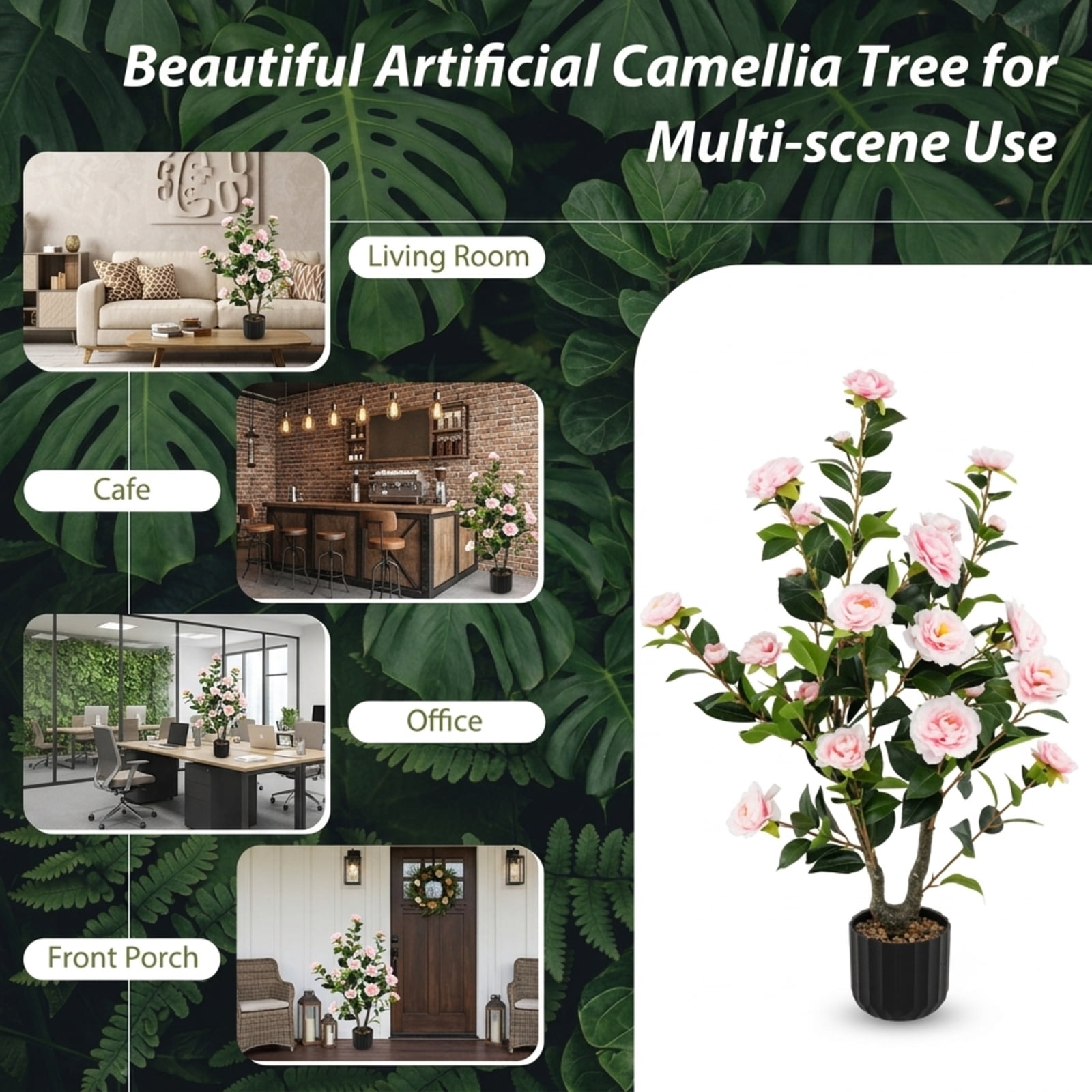 Vebreda Artificial Plant Decor, 38 Inch Artificial Camellia Tree Faux Flower Plant in Cement Pot, Gorgeous and Vivid Appearance