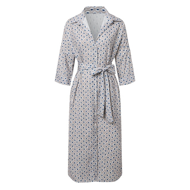 XDZJLR Robes pour Femmes Mode Classique Rayée Bouton Col en V Mi-Longue Chemise Jupe