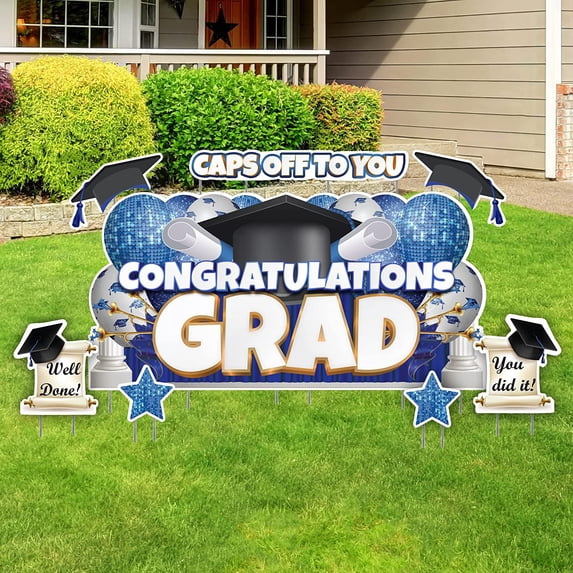 VictoryStore Oversized Blue Congratulations Grad, Caps Off To You EZ Yard Card Set, 8 Pieces