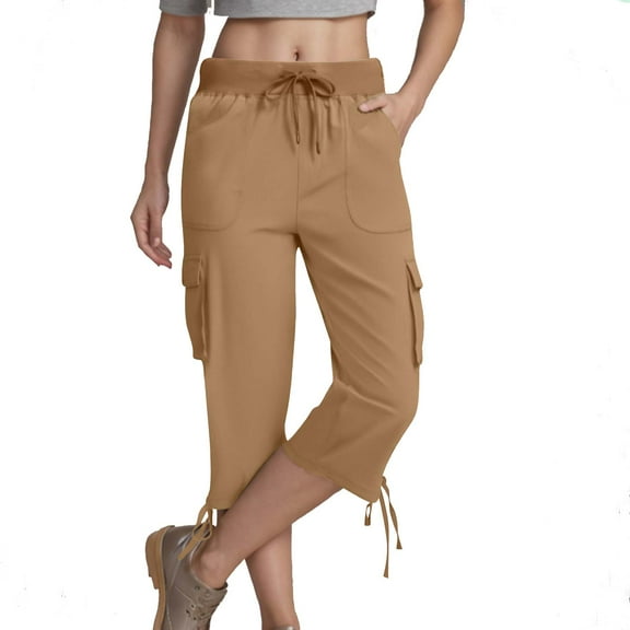 Womens High Waist Cargo Capris Outdoor Wide Leg Hiking Pants Flap Pocket Drawstring Tie Side Workout Trousers Khaki, XXL