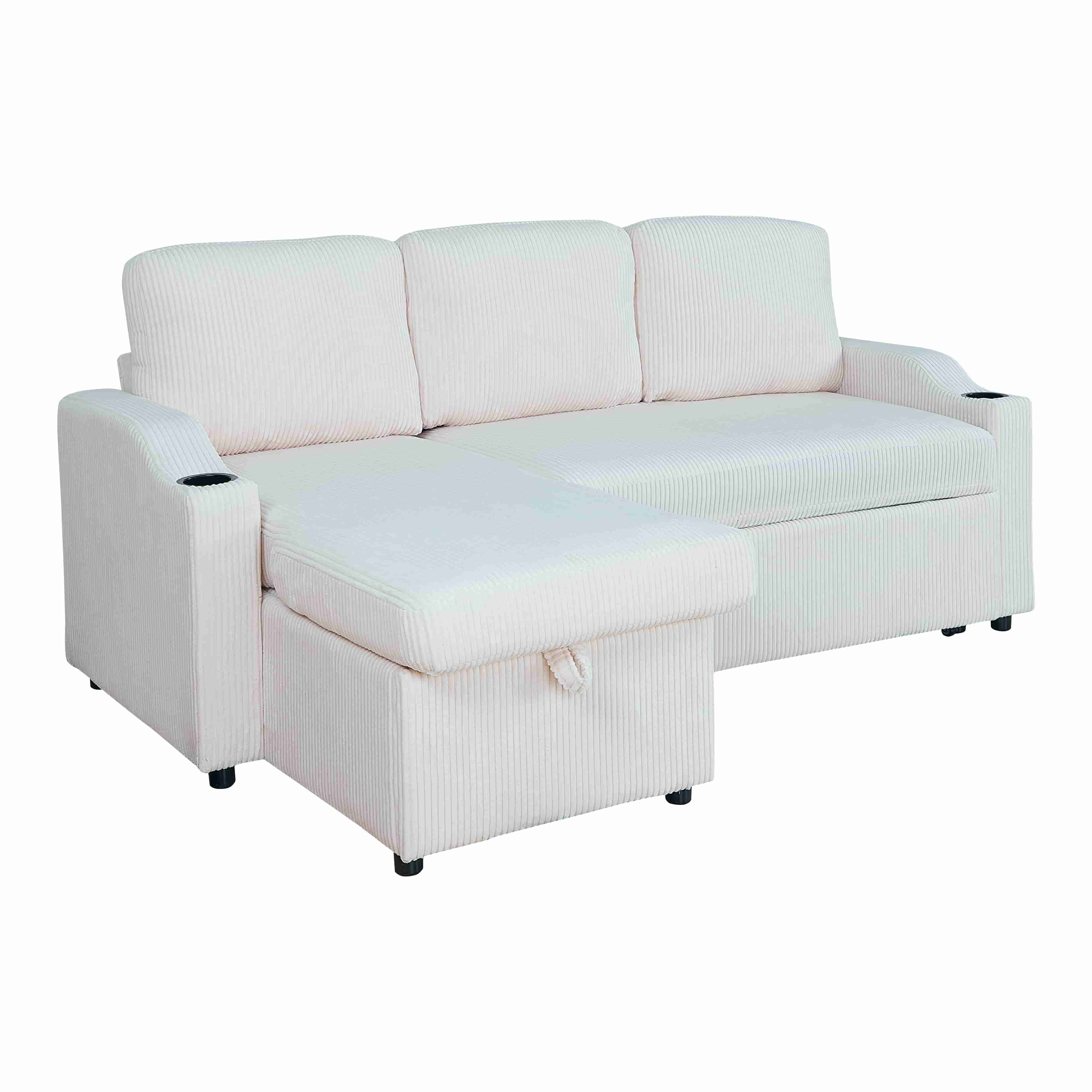 BSHTI Modern L-Shaped Sectional Sofa Bed, Solid Wood Frame, Corduroy Fabric Cover, 2 In 1 Pull-Out Sleeper Bed Sofa, Hidden Storage Space, Beige