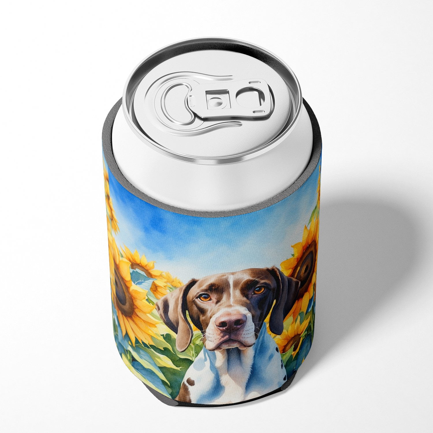 Pointer in Sunflowers Can or Bottle Hugger 3 in x 5 in