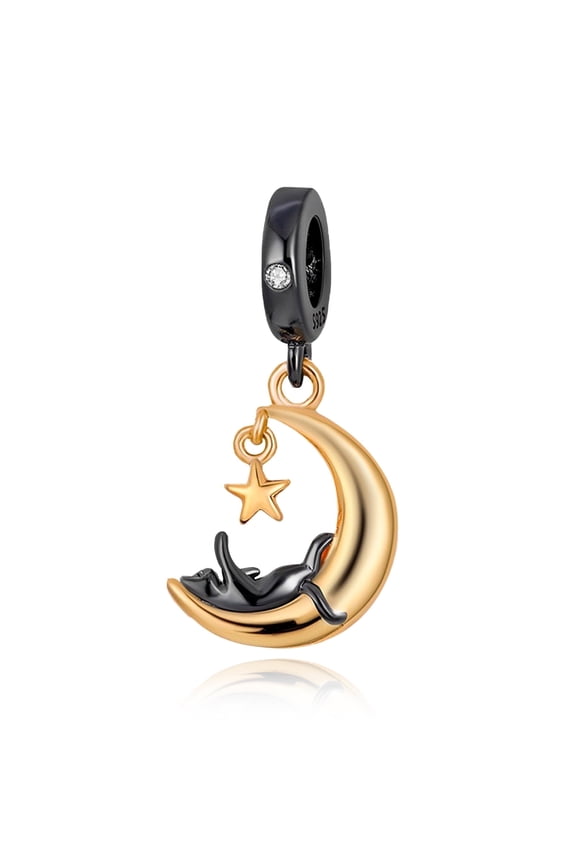 925 Sterling Silver Charm for Bracelets Women Silver Black Cat Gold Moon Dangle Charm Necklace Pendant Gifts
