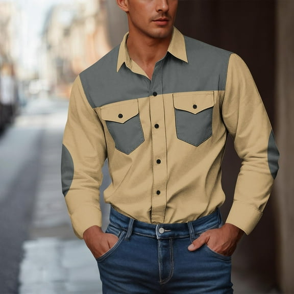 SYMOID Mens Gray Long Sleeve Stretch Button Down Shirt - Color Block Western Inspired with Chest Flap Pockets, S to XXXXXL,Size 5XL