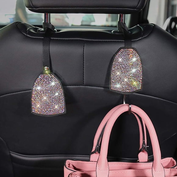 Pinbola 2 Packs Bling Bling Car Back Seat Hidden Hook Headrest Hanger Luster Crystal Diamond Car Decor Accessories for Women Universal Fit (Colorful)