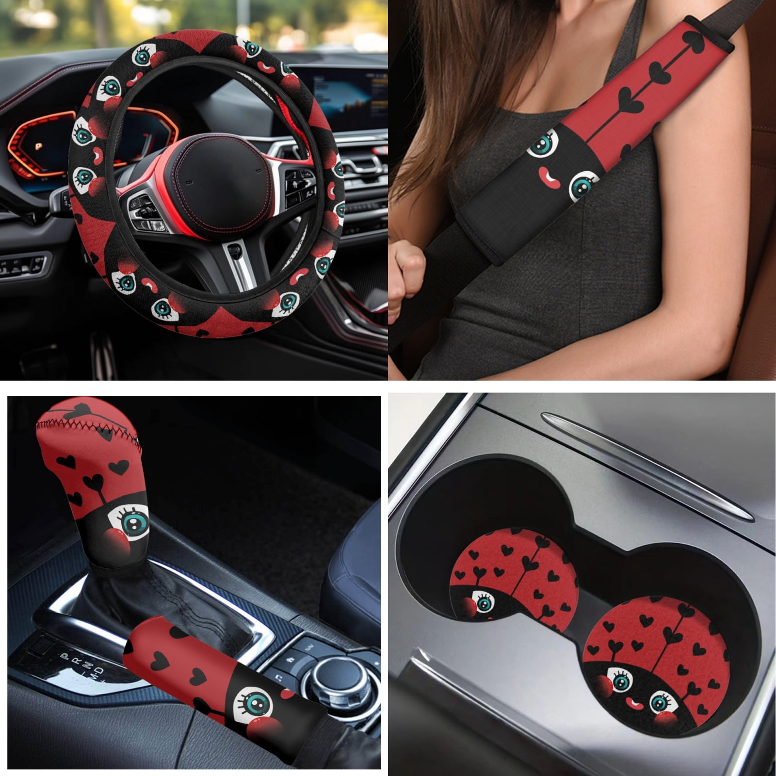 Yuyamidu Cute Ladybug Auto Seat Covers Full Set of 15 Red Car Carpet Mats Steering Wheel Cover Seat Belt Pads Cup Holder Handbrake Cover Gear Shift Cover
