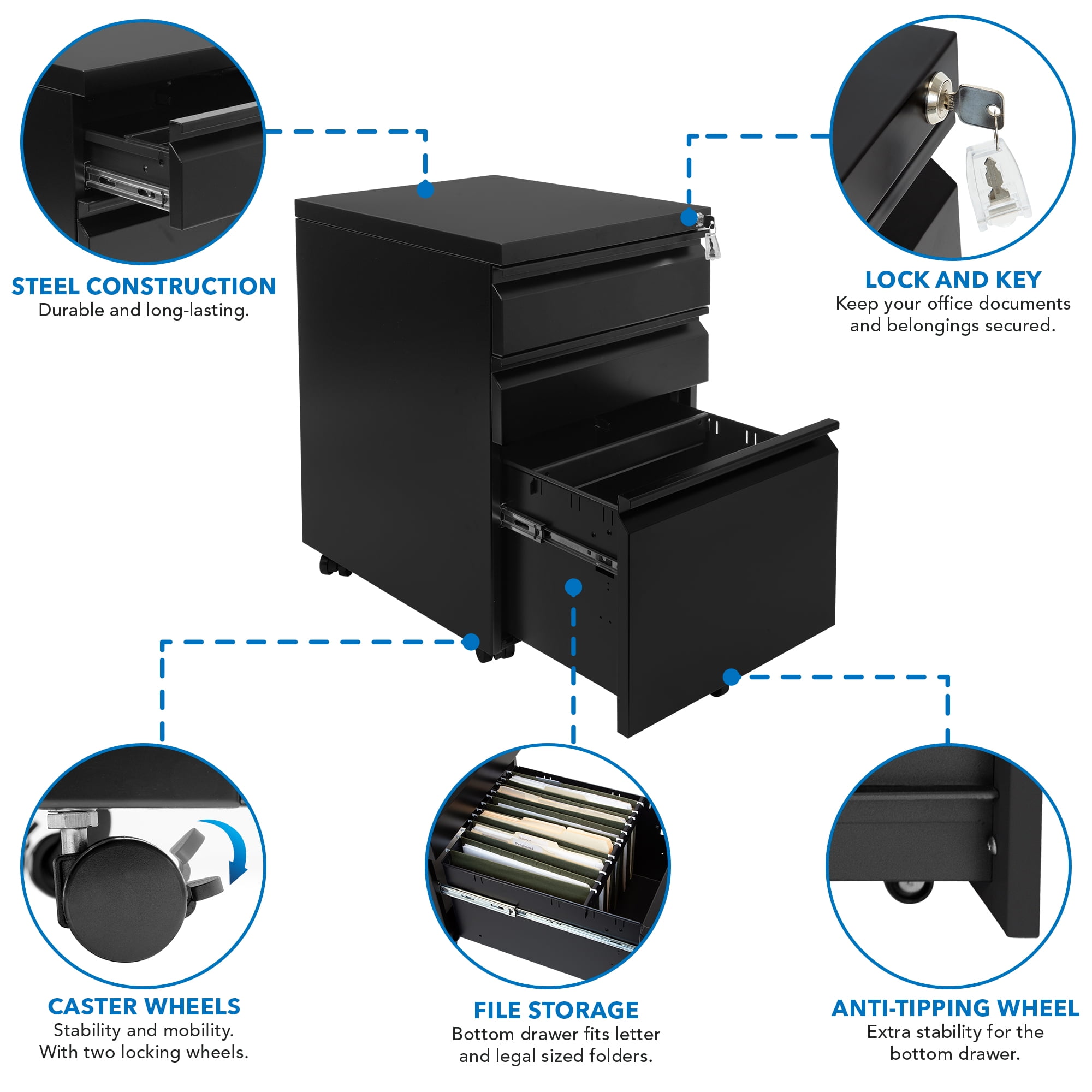 Mount-It! Mobile File Cabinet with 3 Drawers | Under Desk Rolling Storage with Lock Black