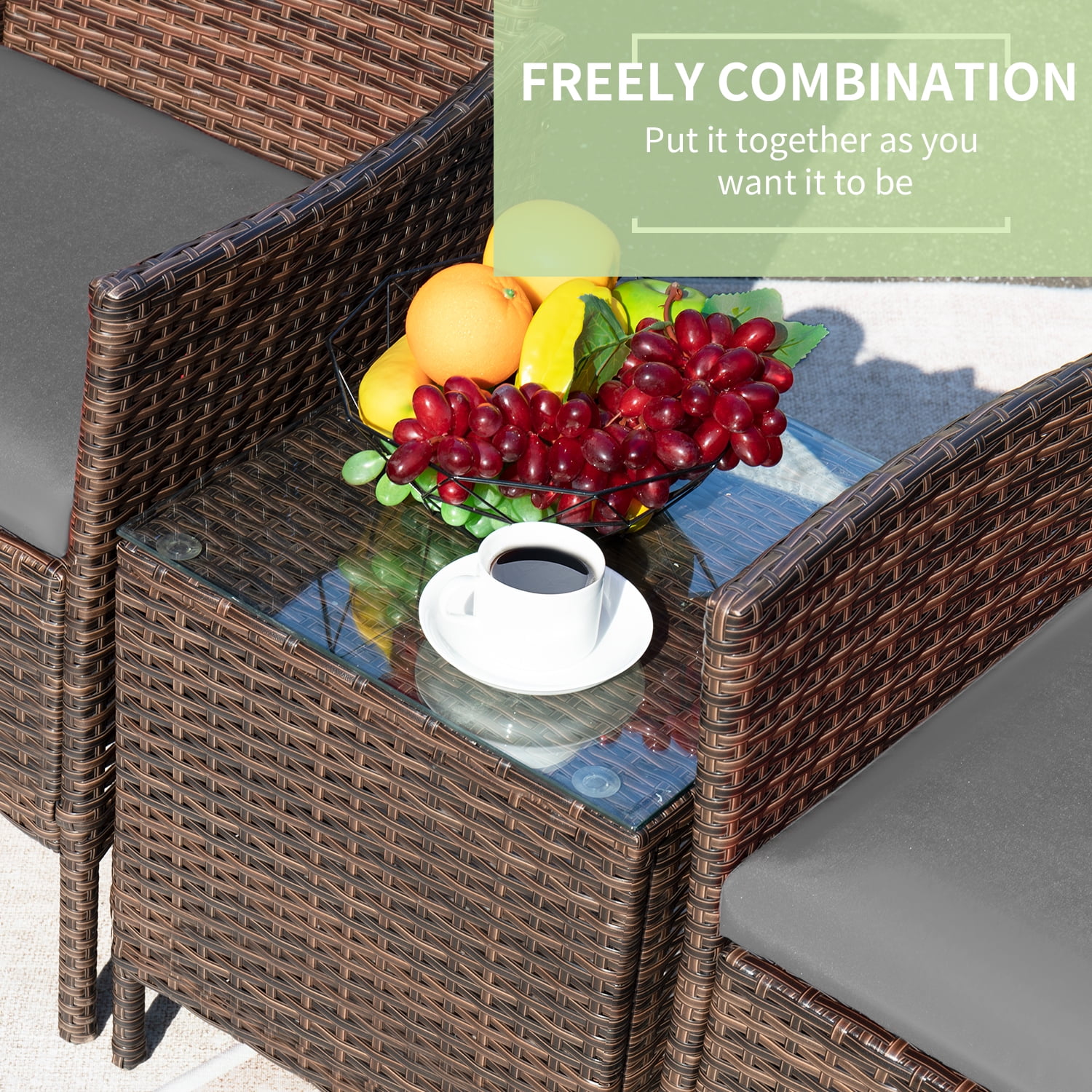 Devoko 3 Pieces Patio Furniture Set Outdoor Conversation Set Wicker Bistro Chairs Set of 2 with Coffee Table for Porch Backyard Balcony,, Brown/Gray