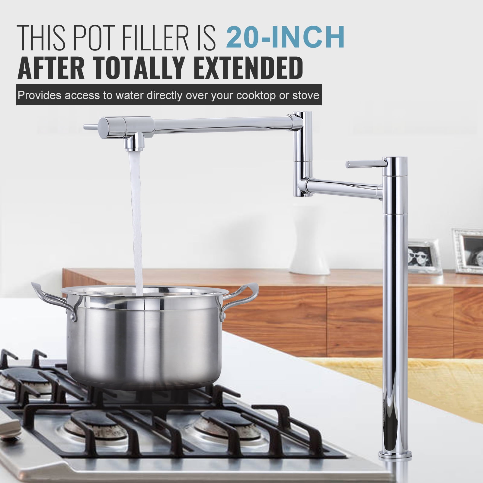 Wowow Pot Filler Faucet Deck Mount Stove Faucet, Solid Brass Pot Filler Chrome Kitchen Folding Faucet with Stretchable Double Joint Swing Arm (Modern Style, Polished Chrome)