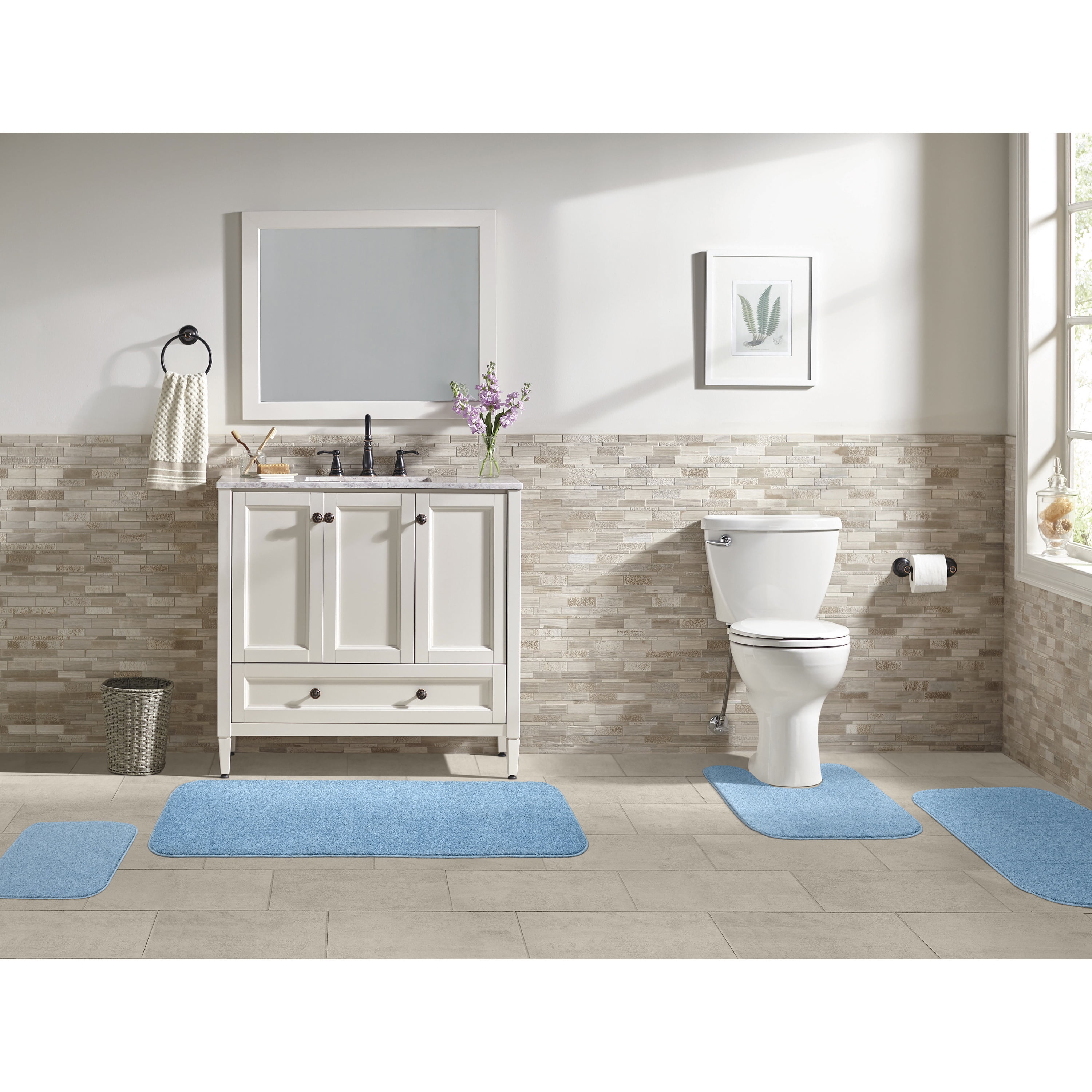 Garland Rug Sedona Washable Bath Rug Set, 4 Piece Set (2 Bath Rugs, Contour Rug, Runner Rug) Basin Blue