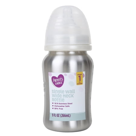 Parent's Choice 9oz Stainless Steel Single Wall Wide Neck Baby Bottle, Ages 0+ Months