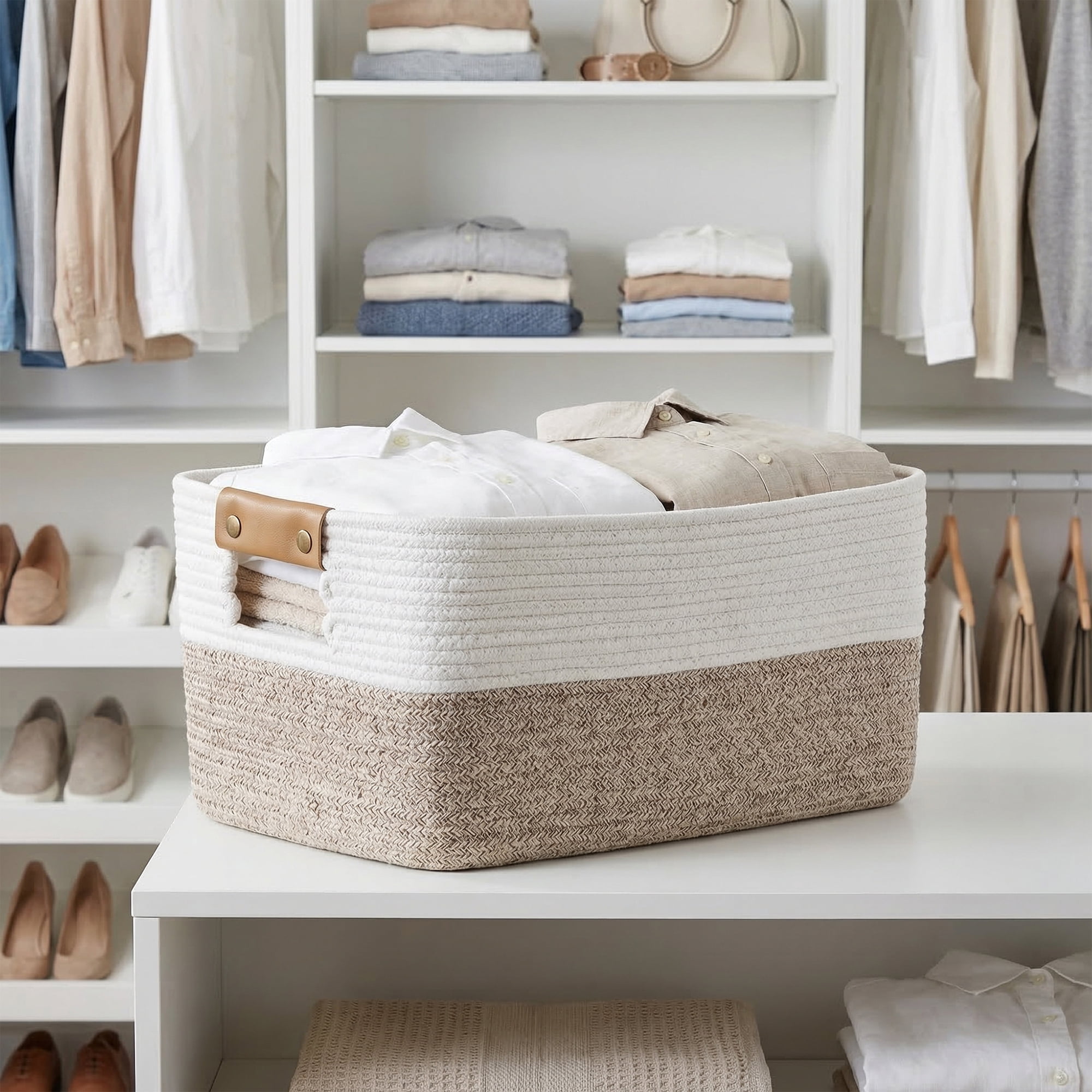 Unique Bargains Woven Large Shelf Closet Storage Bin White Coffee 18.9*11*9.1in