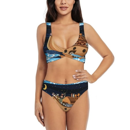 Zeuib Ocean Scene with Noah s Ark High Waisted Tummy Control Bikini Set - Knot Front Push Up Top & Cheeky Thong Bottom  Two-Piece Swimsuit for Women-X-Large