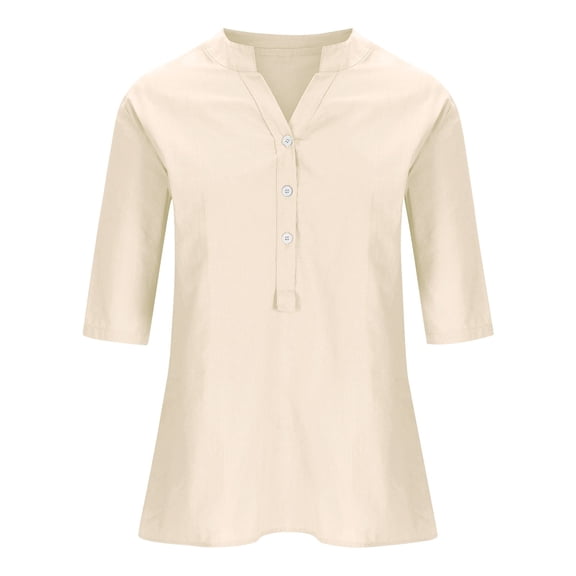 MESSIYO linen shirts for women elbow length tops for women button down shirts for women Loose Button Shirt Top Stand Solid Color Sleeve Collar Casual Women's Shirt Women's Shirt Beige L